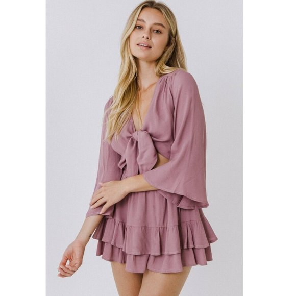 La'Ven Pants - NWT La Ven Tied With A Bow Romper Lavender Purple Bell Sleeve Ruffle La'Ven